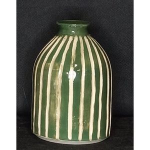 Ribbed Green and White Studio‎ Pottery Vase Pot Signed by Artist RH